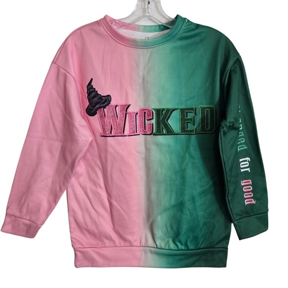 Wicked Broadway Merchandise Tops - Wicked Women's Small Sweatshirt Pink Green Tie‎ Dye Broadway Musical Crewneck